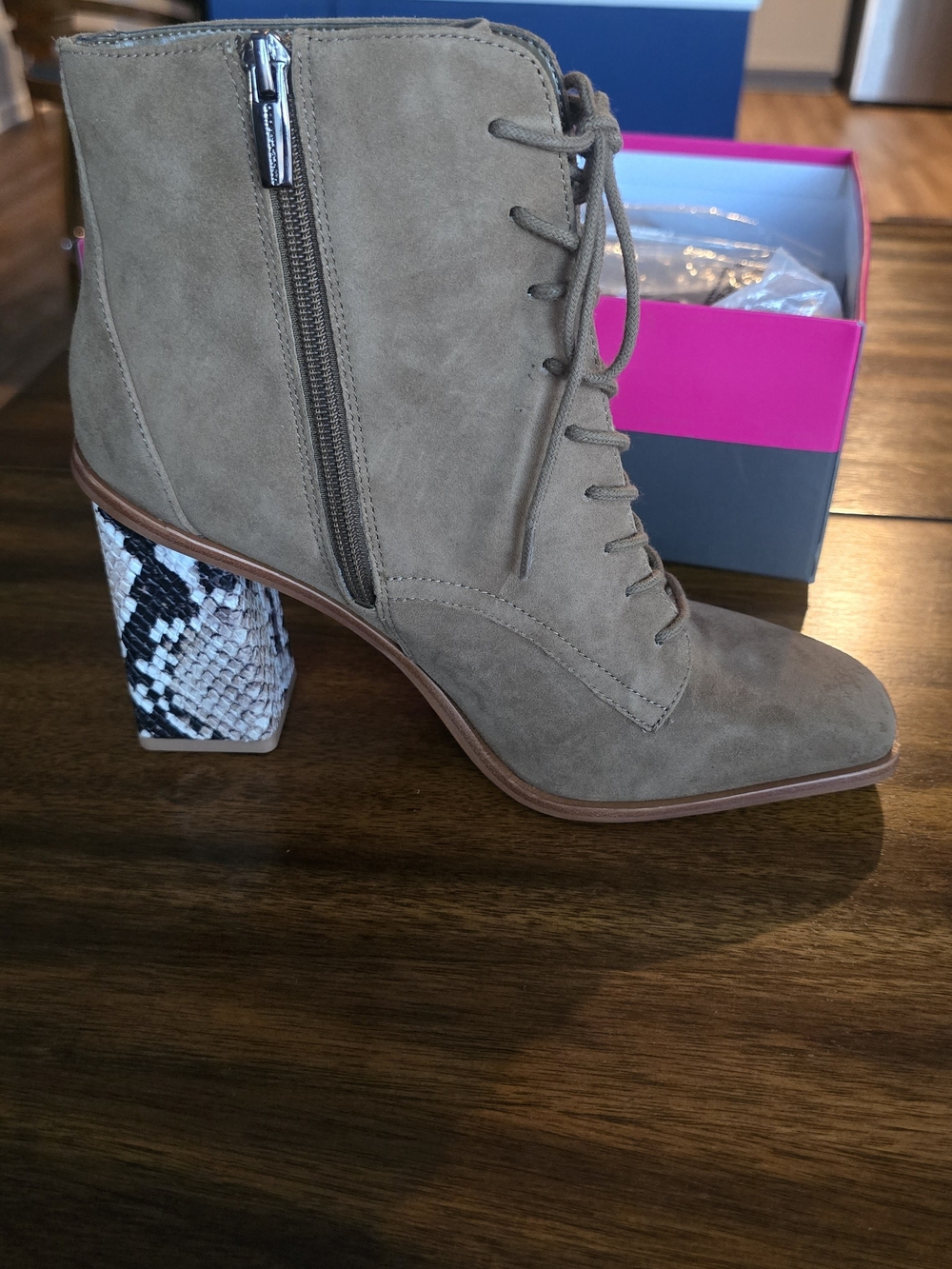 Vince Camuto Taupe Suede Lace-Up Ankle Boot with Snake-Print Block Heel